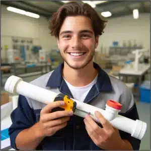 Jonge lachende monteur die een stuk leidingwerk ik zijn hand heeft.