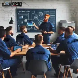Een vergaderruimte waarbij een persoon uitleg geeft aan een groep monteurs over het gebruik van een iPad.